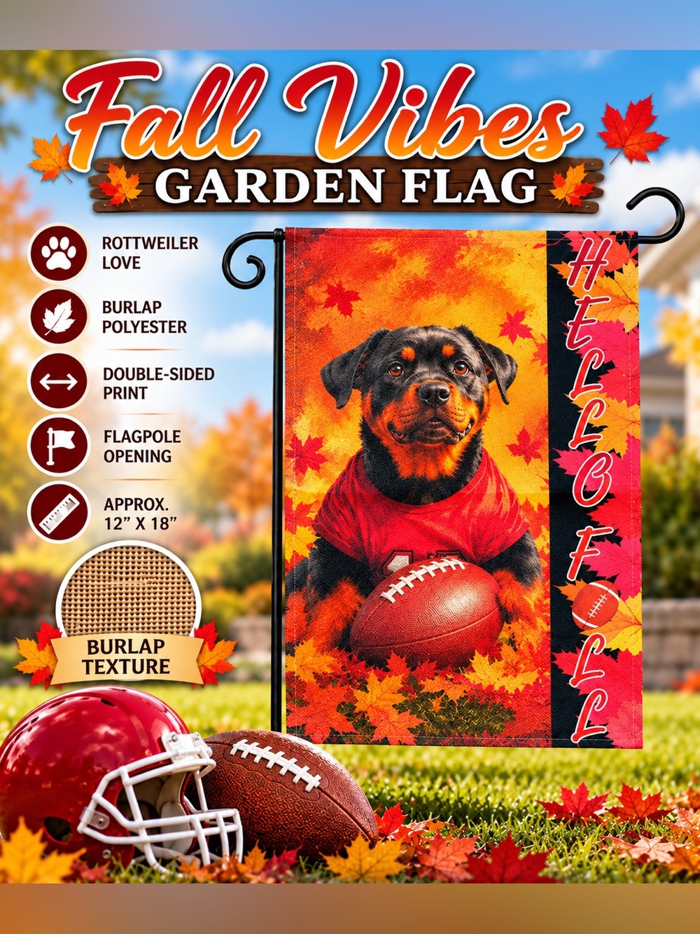 Garden flag, autumn Rottweiler football, burlap, double-sided, 12” x 18”